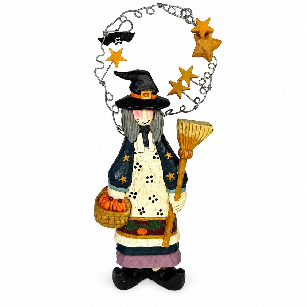Vintage Halloween Witch Figurine Pumpkin Broom Bat Stars Wire Decor 10.5"